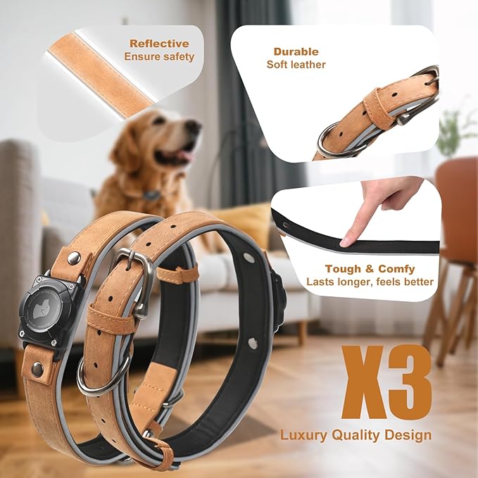Leather AirTag Dog Collar - IPX8 Waterproof Dog Collar with AirTag Holder|Reflective, High - End, Adjustable Soft Padded |Dog GPS Collar Tracker Fit for Medium Large Dogs (Light Brown,M）