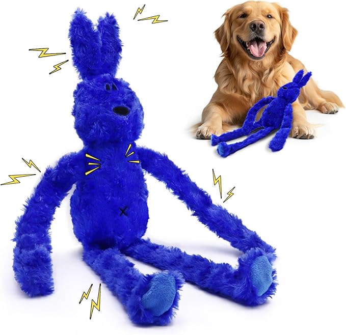 Floppy Rabbit Squeaky Dog Toys - Interactive Crinkle Plush Bunny Toy for Small and Medium Dogs, Enrichment Toy for Puppies, Tug-of-War, Cute and Soft (Blue)