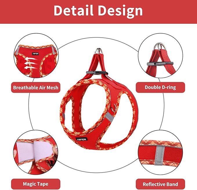 AMTOR Small Dog Harness with Leash Set, No Escape Easy Walk Puppy Harnesses for Training Walking, Step-in Reflective Soft Dogs Vest for XS S Medium Extra-Small Large Sized Dog(Red,S)