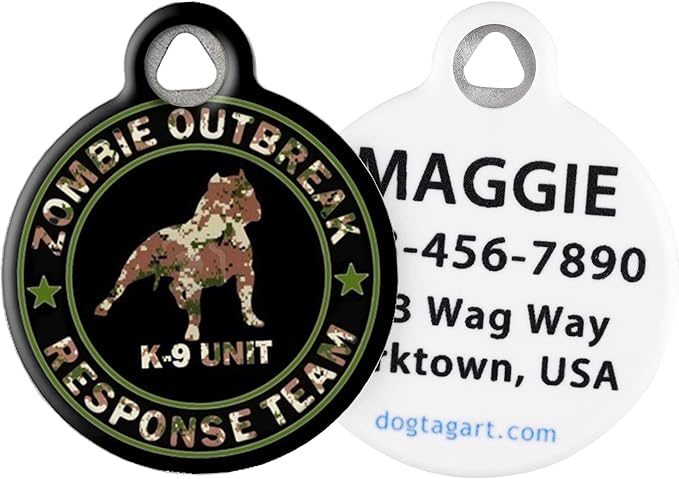 Dog Tag Art Zombie Our Break Response Team K9 Unit Personalized Pet ID Tag for Dogs, Silent Polymer Coated Stainless Steel Nametag with Customized Identification Information, Small .875" Diameter