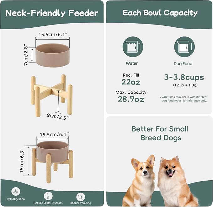 Ceramic 6.1inch Raised Dog Bowl with Stand for Small and Medium Dog Dish Pet Food and Water Bowl (Single Bowl with Stand - Brown Coffee)