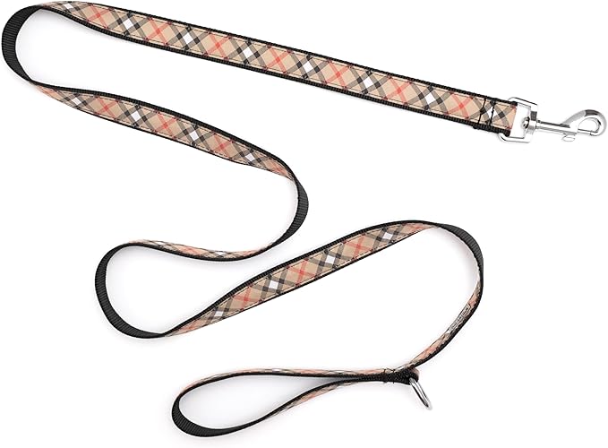 THE WORTHY DOG 5 FT Nylon Dog Leash for Medium to Large Dogs, Metal Quick Clip, Plaid Pattern, Tan, Large