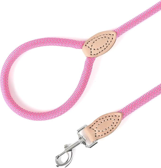 Mile High Life Rope Leash with Genuine Leather Connection, 6 FT/5 FT/4 FT, Heavy Duty Leash for Small Medium & Large Dogs (Hot Pink,60 Inch)