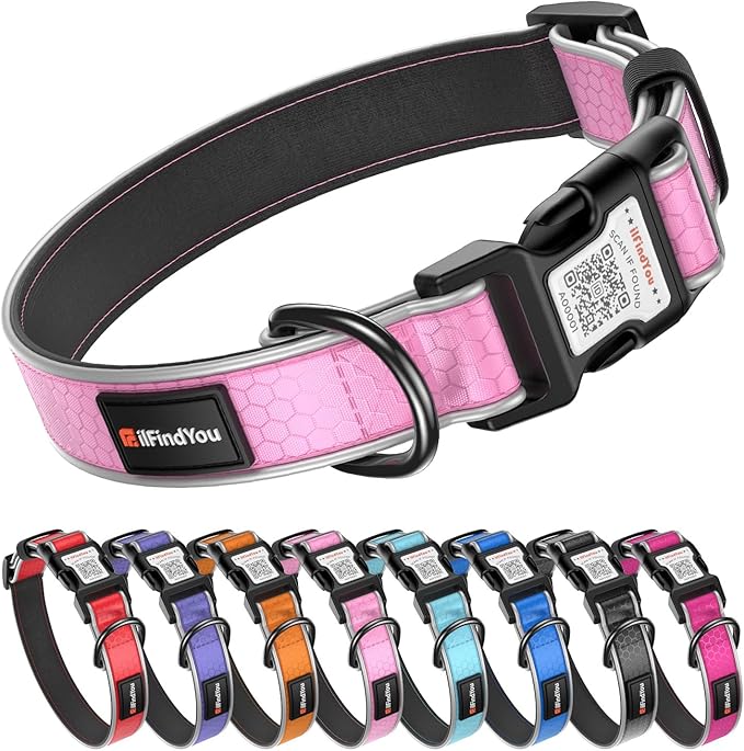 Reflective Dog Collar with QR Code Tag, Personalized Dog Collar, Safety Night Visibility, Anti-Loss Function (Pink-02, Medium)