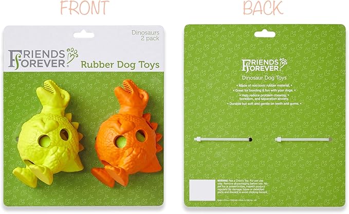 Friends Forever Squeaky Dog Toys with Tennis Ball, Tough Dog Chew Toy, Interactive Fun Indoor Play, Non-Toxic Durable Natural Rubber Puppy Teething, Dinosaur Citron/Orange 2 Piece