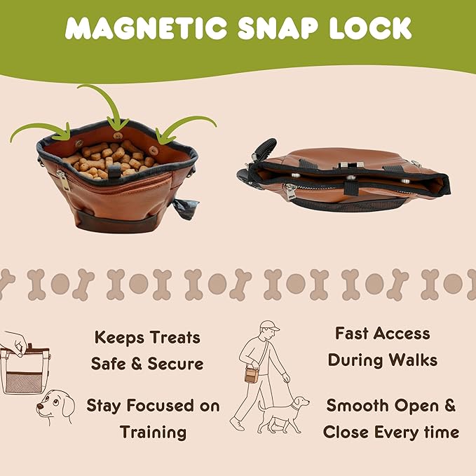 Large Dog Treat Pouch PU Leather with Clicker, Magnetic Clasp, Fits All Phones, 4 Cups, Hands-Free Pouches for Dog Training Treat Pouch, Built in Poop Bag Holder