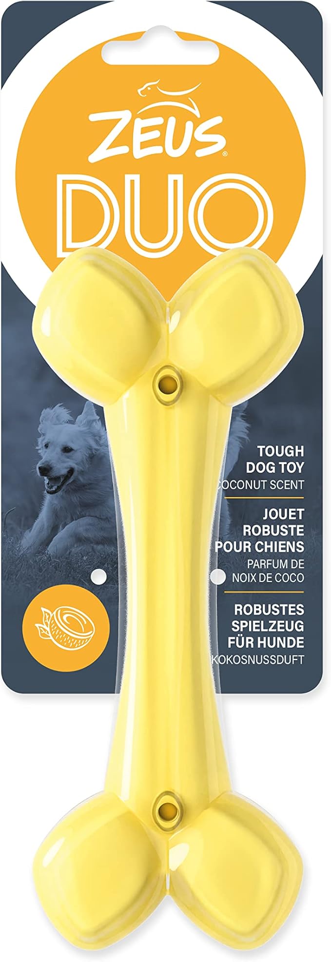ZEUS Duo Bone Strong Dog Chew Toy for Active Chewers, Long Lasting Coconut Scent, Yellow (96273)