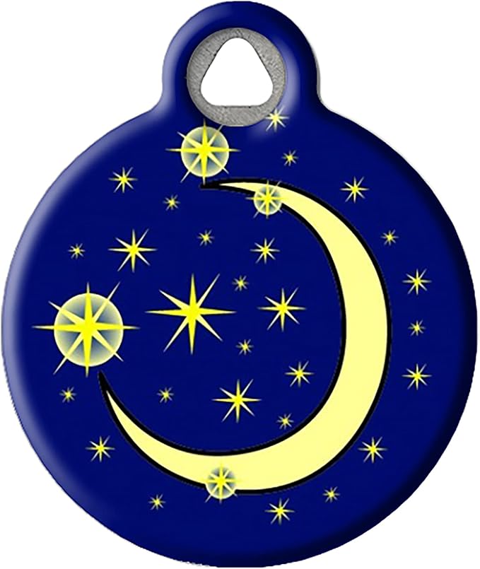 Dog Tag Art Moon and Stars Crescent Moon Personalized Pet ID Tag for Dogs and Cats, Silent Dog Tag with Customized Identification Information - Small .875" Diameter