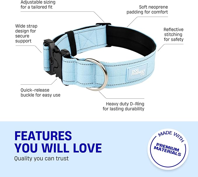 DF Co. Tactical Dog Collar | Comfortable & Secure with Quick Release Clip Buckle and Heavy Duty D-Ring | Soft Padded Neoprene, Chafe Resistant, Night-Time Visibility | Sky Blue, Size M