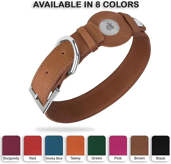 Leather Dog Collar with Airtag Holder - Apple Air Tag Dog Collars - Soft Tracking GPS Pet Collar for Small Medium Large Dogs Breed Puppy (Brown, S, 9"-12" Neck Fit)