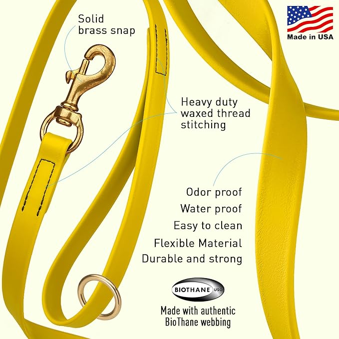 Viper Biothane K9 Working Dog Leash Waterproof Lead for Tracking Training Schutzhund Odor-Proof Long Line with Solid Brass Snap for Puppy Medium and Large Dogs 6ft, Lemon Yellow