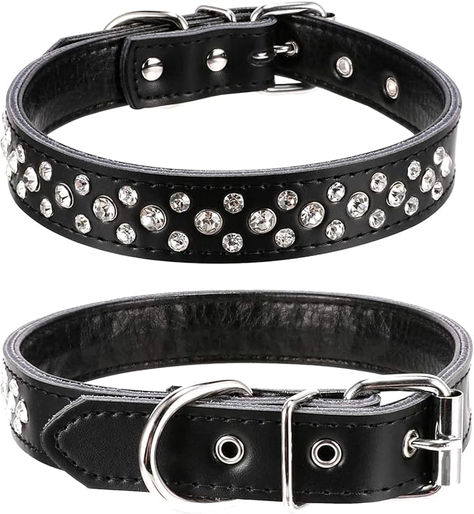 Rhinestones Dog Collar, Adjustable Sparkly Crystal Studded Genuine Leather Pet Dog Collar for Small and Medium Breeds (S fit Neck 11-13", Black)