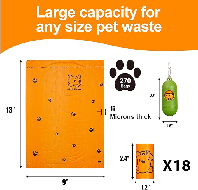 Dog Poop Bags With Dispenser, Strong and Leak-proof Waste Bags for Pets, Floral Scented, 270 Count (18 Packs of 15), 13 Inch x 9 Inch (Orange)