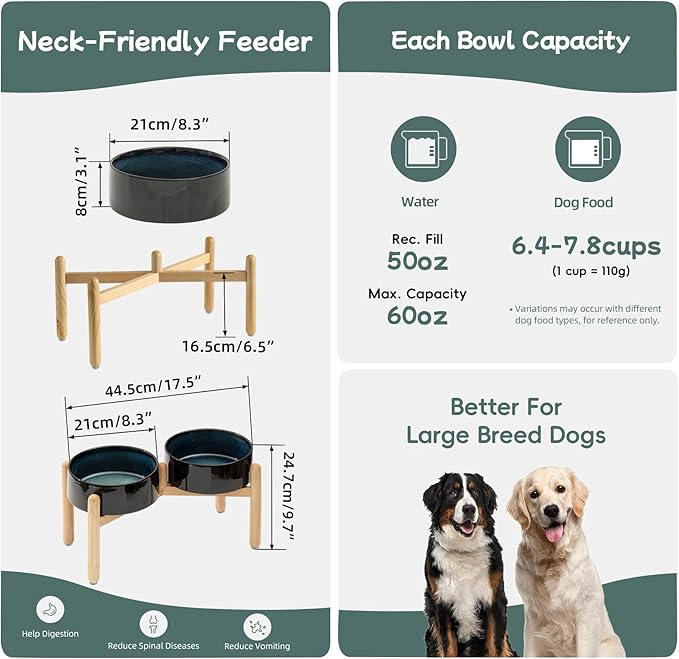 Ceramic 8.2inch Raised Dog Bowl with Stand for Large- Breed Dogs, Pet Food and Water Feeder (Double Bowl with Stand - Starry Sky)