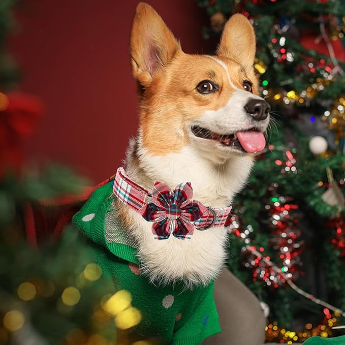 Elegant Little Tail Dog Collar with Red Plaid Christmas Pattern, Flower Dog Collar for X-Small Dogs