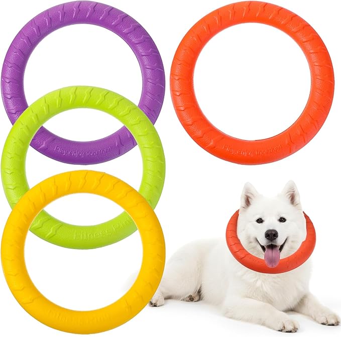 4 Pack Dog Toy Training Ring, 7.48” EVA Dog Toy Ring, Durable Chew Flying Rings for Large Medium Puppy Training, Floating Pull Fetch Toys for Aggressive Chewers, Chewing Cathing Form Toys
