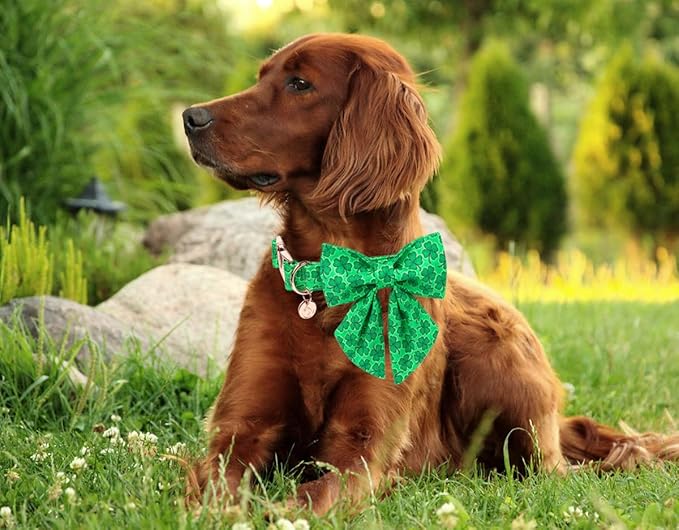 DOGWONG St. Patrick's Day Dog Collar-Cute Clovers Dog Collar with Bow, Cotton Trefoil Bowtie Dog Collars with Metal Buckle for Small Medium Large Dogs