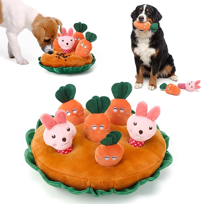 Skylety 7 Pcs Interactive Carrot and Bunny Dog Toy Set Snuffle Toy with Treat Hiding Puzzle and Squeaky Plush, Durable Interactive Dog Toys for Small Medium Dogs, Training and Boredom Relief Plaything
