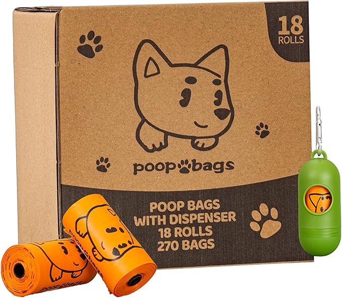Dog Poop Bags With Dispenser, Strong and Leak-proof Waste Bags for Pets, Floral Scented, 270 Count (18 Packs of 15), 13 Inch x 9 Inch (Orange)