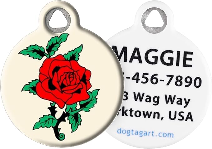 Dog Tag Art Cat or Dog Tag, Personalized Name Tag for Pets (Rose Tattoo)-Large