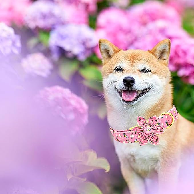 Elegant little tail Dog Collar, Spring Dog Collar with Flower Cute Bees Print Cotton Soft Female Male Pet Collar Flower Dog Collar Puppy Adjustable Dog Collar for Small Dogs