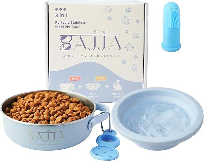 3-in-1 Travel Dog Bowl Set – 30 OZ Stainless Steel + 20 OZ Collapsible Water Bowl Lid | BPA-Free, Anti-Slip, Portable Dog Bowl w/Handle/Water Bottle Holder with Carabiner | Blue Bowls