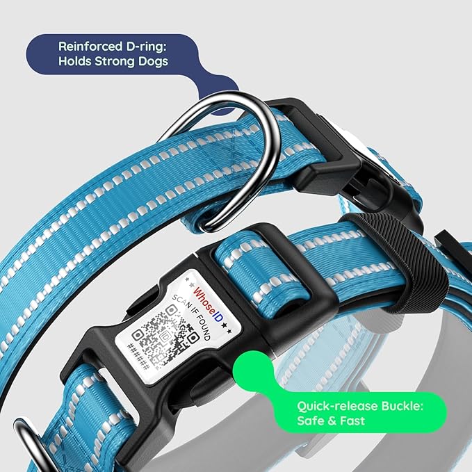 Airtag Dog Collar, Reflective Ultra-Durable Nylon Padded with QR Code Buckle & IP68 Waterproof Air Tag Holder Compatible for Apple AirTag, Comfortable for Small Medium Large Dogs(Blue,S)