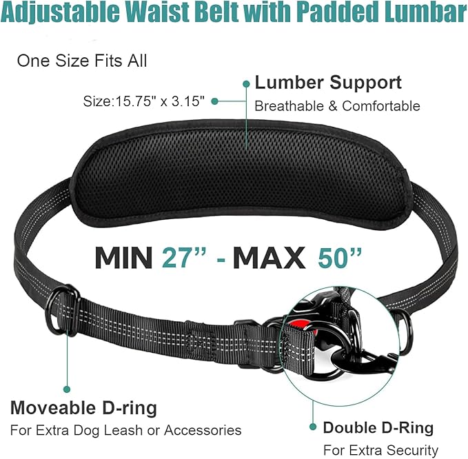 Hands Free Dog Leash Waist & Crossbody for Walking, No Pull Heavy Duty Bungee Double Dog Leash for Two Dogs with Pouch, Padded Handles & Reflective for Large Medium Dogs, Black