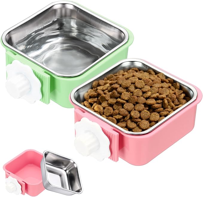 Crate Dog Bowl, Removable Stainless Steel Pet Cage Hanging Anti-Overturn Food Water Feeder Cage Cup (2Pcs, Square, Pink/Green, 11.1oz), Intended for Puppies/Cat/Rabbit/Bird