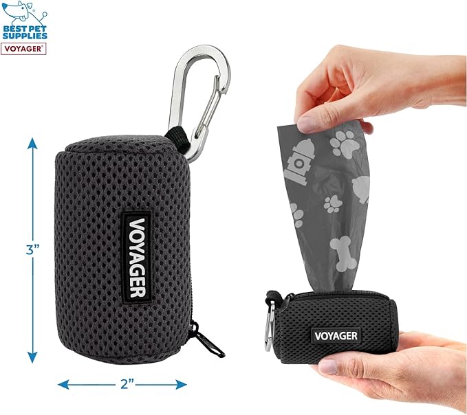 Best Pet Supplies Dog Poop Bag Holder Leash Attachment with 15 Bags, Black, Reusable Mesh Dispenser Pouch for Travel, Walking, Park, and Outdoor Use, Soft and Durable with Clip-On
