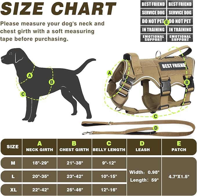 Tactical Service Dog Vest Harness and Leash Set,Heavy Duty Dog Harness with Metal Buckles for Large Dogs,Adjustable No Pull Pet Vest with 10 Patches,for Training Working,Brown L