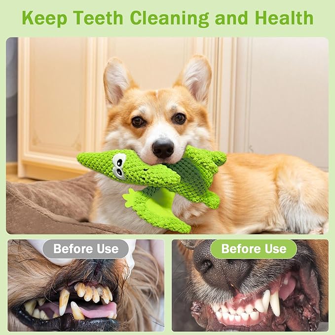 LWBMG Squeaky Dog Toys Plush Dog Toy with Crinkle Paper Dinosaur Dog Toy Stuffed Animals Chew Toy Plush Squeaky Dog Birthday Toys for Small Medium Large Dogs Green