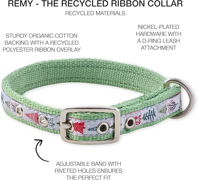 Adjustable Recycled Ribbon Dog Collar for All Pet Breeds, Piney Holiday, X-Large