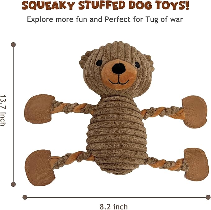 LWBMG Squeaky Dog Toys, Tug of War Dog Toys to Keep Them Busy, Stuffed Animal Dog Plush Toy for Puppy Small, Middle, Large Dogs, Cute Bear Interactive Doggie Toy Khaki