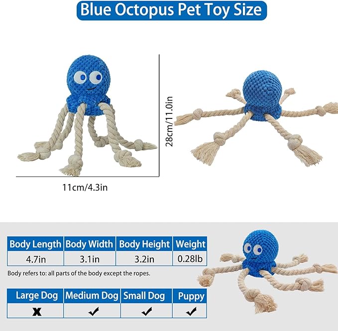 Cute Marine Animal Dog Squeaker Chew Toys, Interactive Stuffed Cotton Plush Rope Knot Toys with Crinkle Paper- for Puppy, Small, Middle Dogs (Blue Octopus)