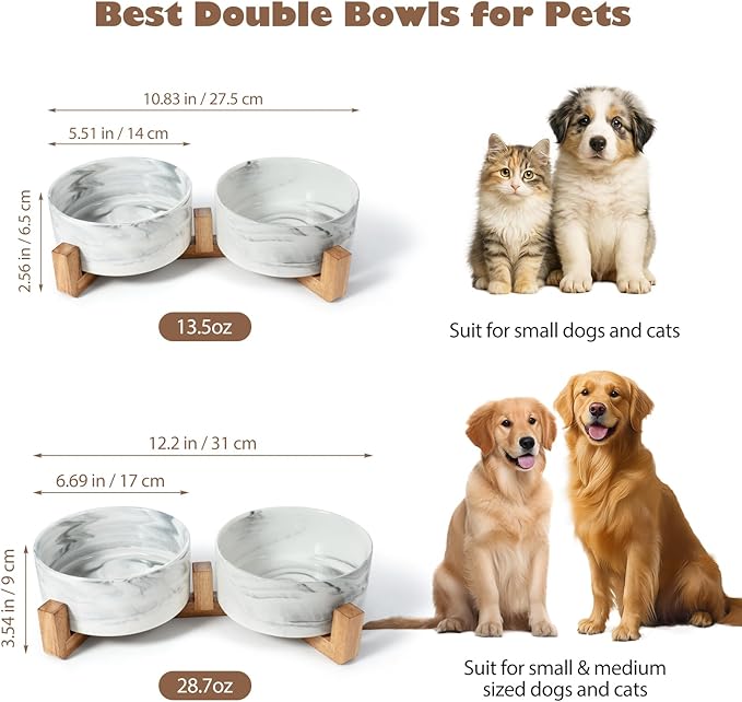 Dog Bowls Set with Wood Stand, 3.6-Cup Ceramic Pet Bowls for Medium Dogs, Weighted Food Water Bowl Set for Dog and Cat