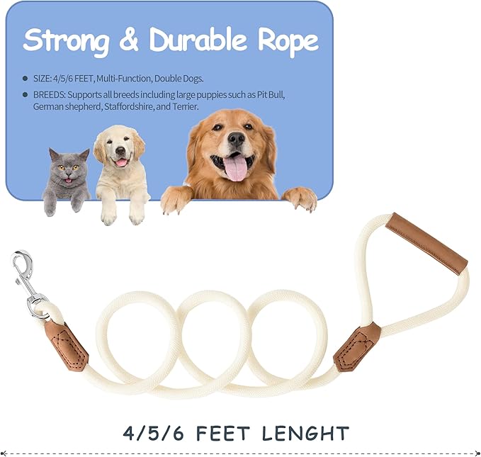 Mile High Life Leather Dog Leash, Heavy Duty Strong Genuine Leather Handle Rope Leash Soft and Comfortable for Small Medium Large Dogs (Cream White, 48 Inch)