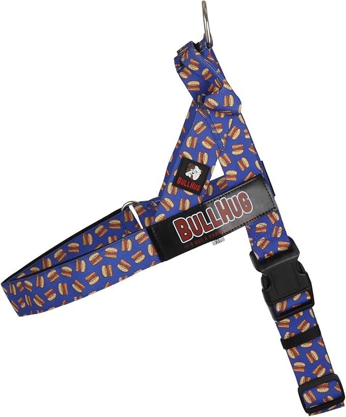 BULLHUG Adjustable Dog Harness– No Pull, No Choke – for English Bulldogs, French Bulldogs, Pugs & Broad-Chested Breeds – Easy, Safe Walks (Blue Burger, Small)