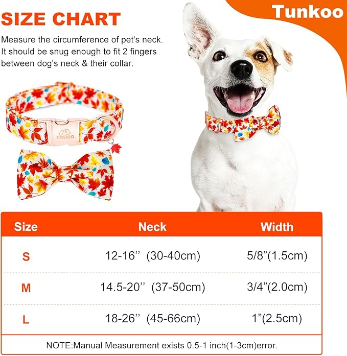 Tunkoo Fall Dog Collar with Cute Bow Tie - Durable Adjustable and Stylish Autumn Cotton Pet Collar, Available in Small Medium Large, L