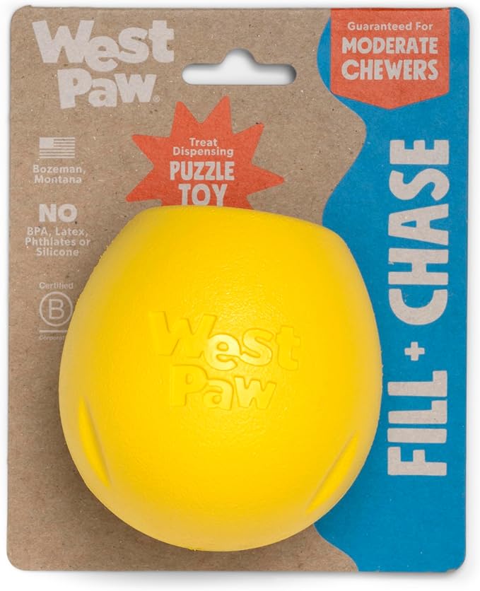 WEST PAW Zogoflex Rumbl Treat-Dispensing Dog Toy – Interactive Slow-Feeder Chew – Enrichment Toy Moderate Chewers, Fetch, Catch – Holds Kibble, (Dandelion Yellow, Large)