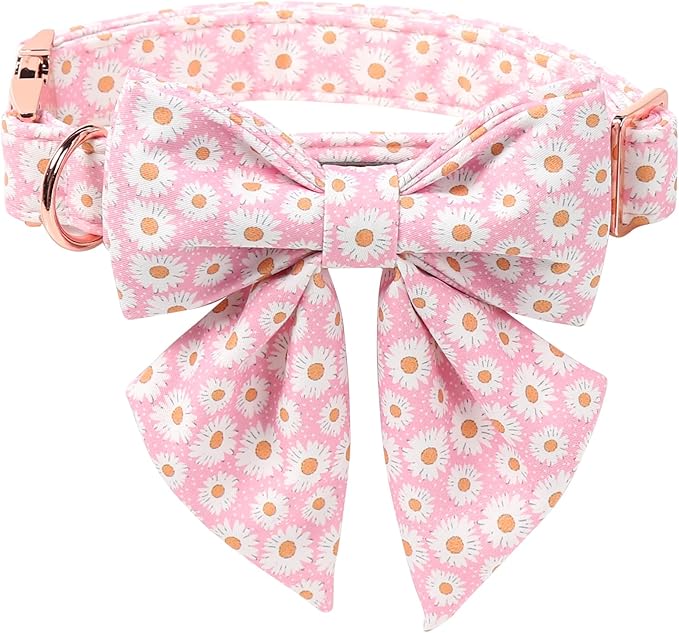 Lionet Paws Floral Dog Collar with Sailor Bow, Spring Cute Daisy Pink Dog Collar Bow Tie for Dogs, Medium, Neck 13.5-22 inches