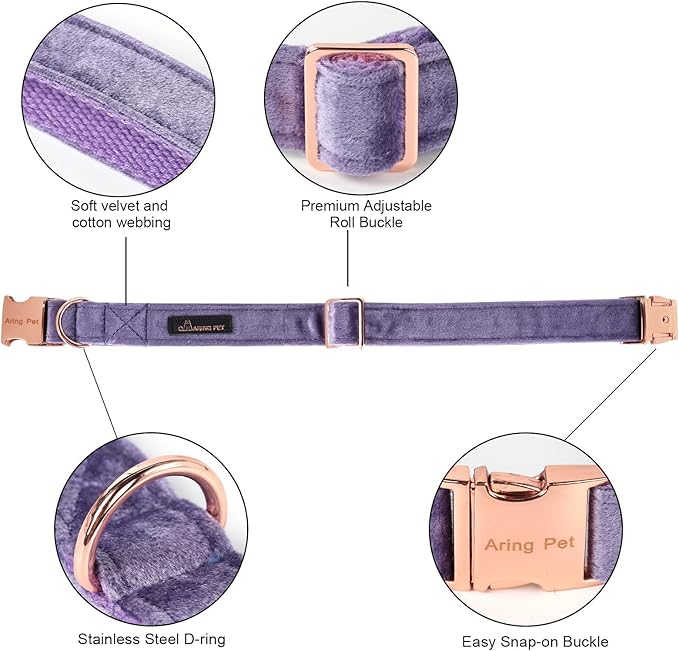ARING PET Bowtie Dog Collar-Velvet Dog Collars with Removable Bowtie, Cute &Comfortable Purple Dog Collar,Large.