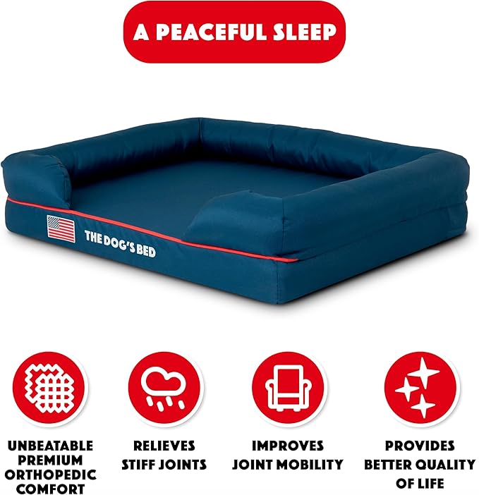 The Dog’s Bed Orthopedic Memory Foam Dog Bed with Bolsters, Oxford Fabric, Blue with Dark Red Trim, Medium