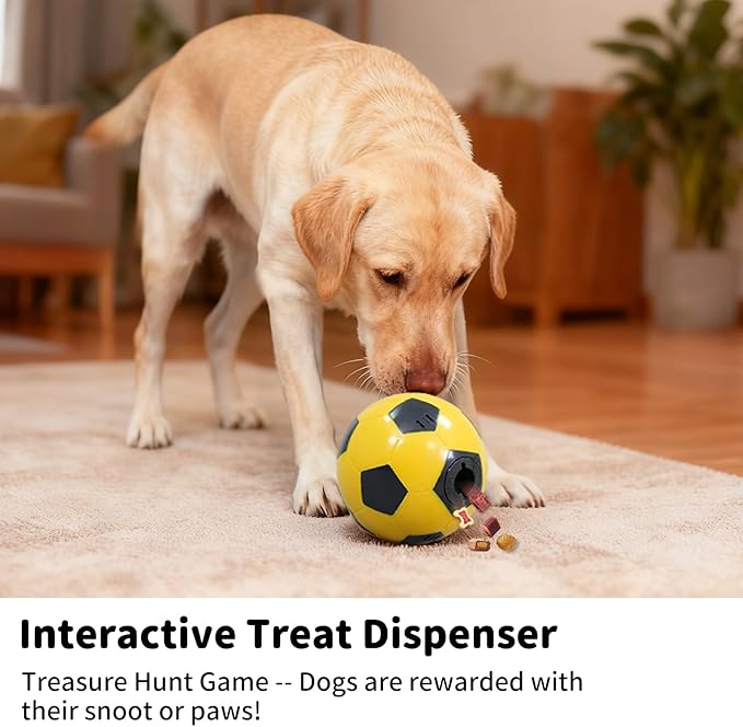 Interactive Dog Toys Treat Dispensers - Giggle Squeaky Dog Soccer Ball Rewards Puzzle to Keep Them Busy, Mental Stimulation Enrichment Food Dispensing for Small Medium Large Breeds, Yellow