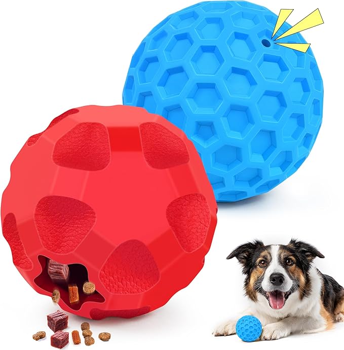 2 Pack Indestructible Dog Toy Balls for Aggressive Chewers, Interactive 3.15”Squeaky Dog Balls and 3.54”Treat Dispensing Ball to Keep Them Busy, Chew Toys for Large Dogs, Enrichment Toy