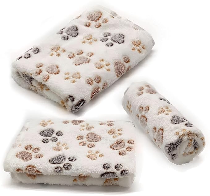 SORKUT 1 Pack 3 Puppy Dog Blankets Super Soft Warm Sleep Mat Fluffy Premium Fleece Pet Blanket Flannel Throw for Dog Puppy Cat - Paw Print Beige/Pink/Brown Large(40"x30")