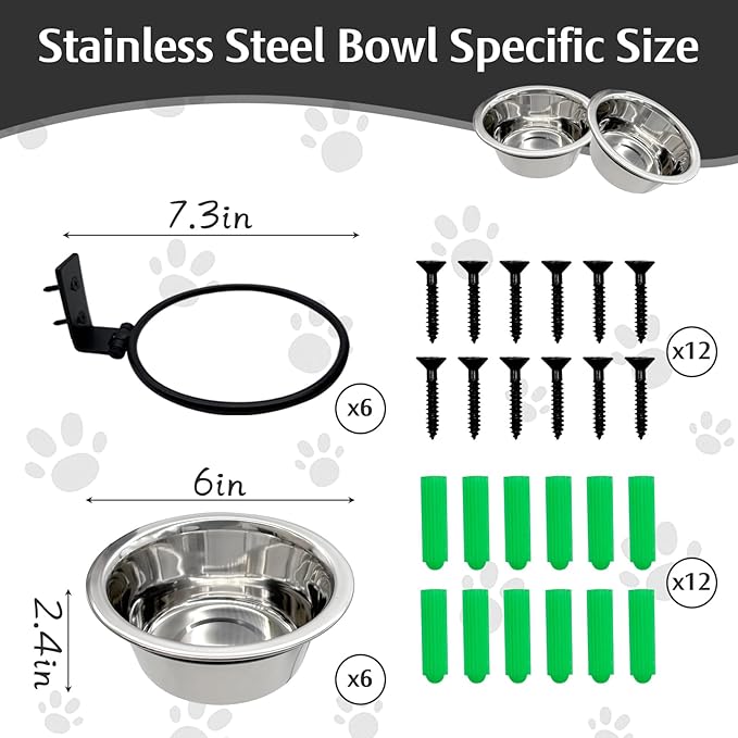 Hamiledyi 6 Pack Wall Mounted Elevated Dog Bowls - Adjustable Height Stainless Steel Raised Food & Water Bowls with Collapsible Stand for Medium & Large Dogs & Cats (M)
