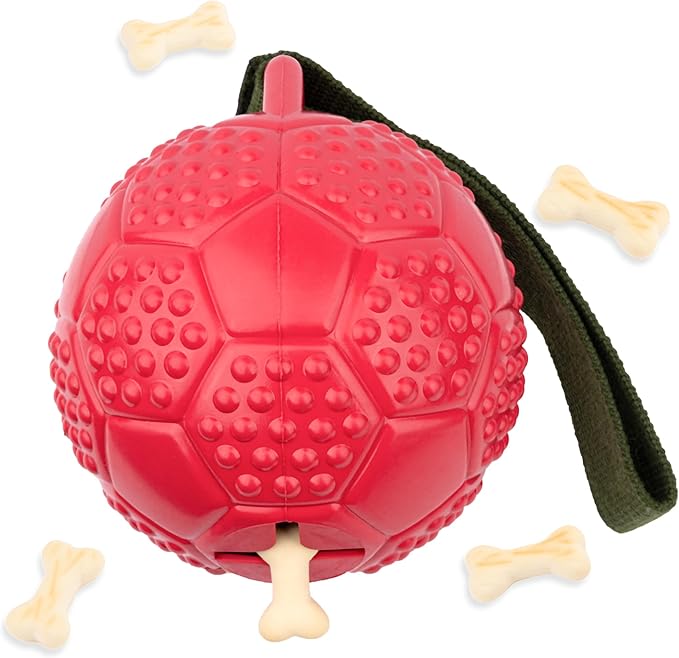 Eco Rubber Chuck & Treat Soccer Ball - Red - Long Lasting Dog Chew Toys for Aggressive Chewers Strong Dog Toy for Dogs Durable Puppy Toys 13cm