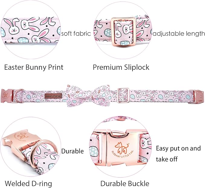 Elegant little tail Easter Dog Collar, Bunny Carrots Pet Collar with Bowtie Cute Pink Pet Bow Puppy Collars Adjustable Dog Collars for Small Dogs