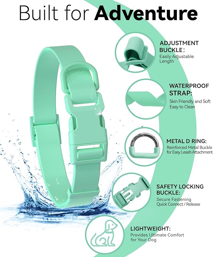 Waterproof Dog Collar, Rubber Adjustable Collars with Quick Release Buckle, Odor-Resistant, Easy to Clean Pet Collars for Small Medium or Large Dogs (Turquoise, S 9.5-14.1 inch)